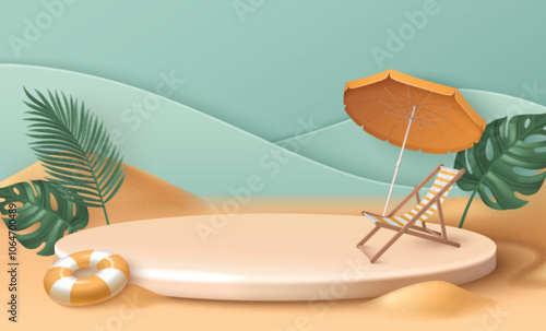 3d summer beach banner with podium and sand vector. Travel product display stand with umbrella, palm leaf, chair and lifebuoy. Tropical stage with island nature landscape for presentation or promotion