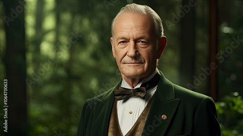 An older man in classic formalwear, standing against a timeless, deep forest green backdrop.