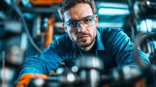 A focused technician wearing glasses works on machinery in a dimly lit, high-tech environment, showcasing expertise in mechanical repair.