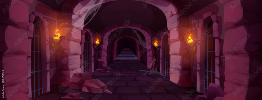 Medieval castle dungeon prison hallway illuminated by flaming torches on stone walls. Long corridor with barred cells, gothic arches, cobblestone floor leading to stairs. Underground game environment. Medieval castle dungeon prison hallway illuminated by flaming torches on stone walls. Long corridor with barred cells, gothic arches, cobblestone floor leading to stairs. Underground game environment.