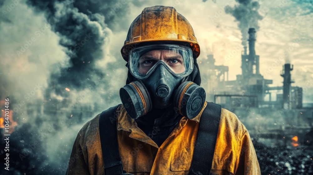 A worker in protective gear stands against a smoky industrial backdrop, illustrating the theme of safety in hazardous environments. A worker in protective gear stands against a smoky industrial backdrop, illustrating the theme of safety in hazardous environments.
