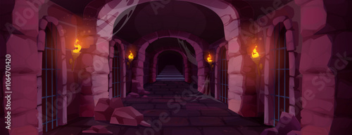 Medieval castle dungeon prison hallway illuminated by flaming torches on stone walls. Long corridor with barred cells, gothic arches, cobblestone floor leading to stairs. Underground game environment.