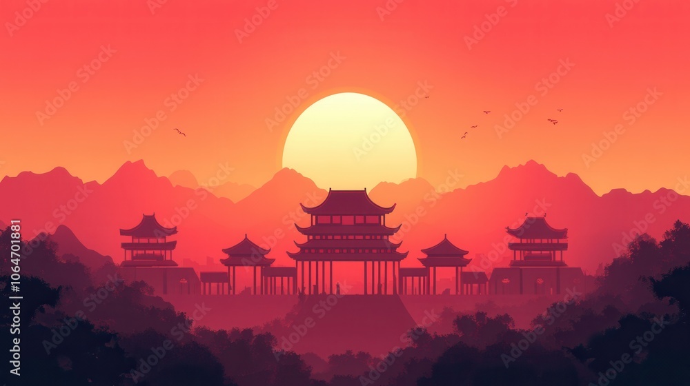 Obraz premium Chinese-style sunrise silhouette of ancient Oriental architecture