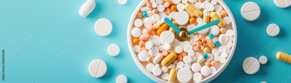 Time and bad habits conceptual theme. A vibrant bowl filled with various colorful pills and capsules accompanied by a clock depicting the theme of medication timing Time and bad habits conceptual theme. A vibrant bowl filled with various colorful pills and capsules accompanied by a clock depicting the theme of medication timing