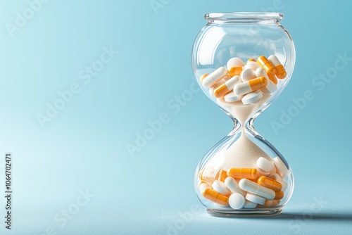 An hourglass filled with colorful pills symbolizes the time-sensitive nature of medication and health management