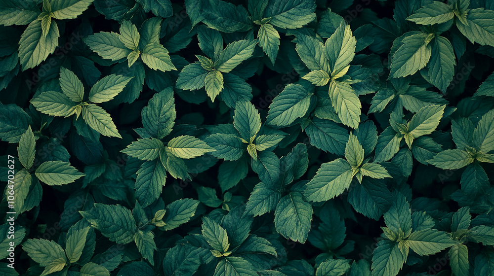 Lush green mint leaves creating a dense and vibrant ground cover in a garden setting Lush green mint leaves creating a dense and vibrant ground cover in a garden setting