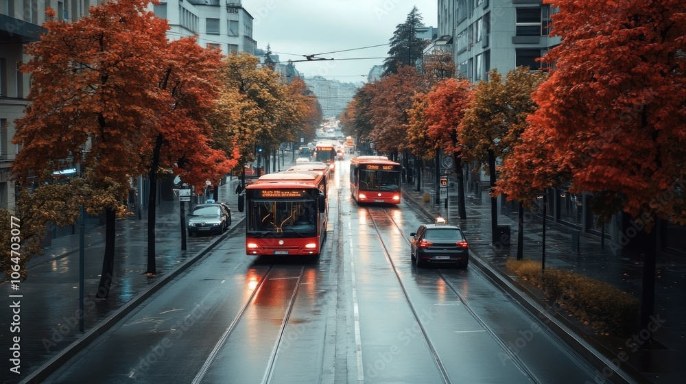 Obraz premium A rainy urban street lined with autumn trees and buses.