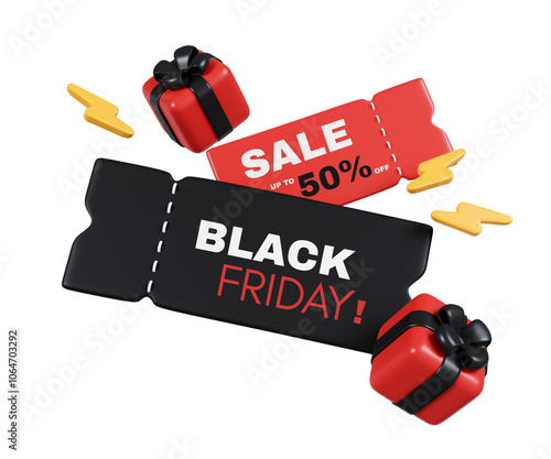 Black Friday Sale Tags with Gifts and Discounts 3D Render