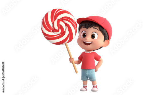 Child joyfully holding a large colorful lollipop in a vibrant cartoon world, whimsical details and playful elements abound
