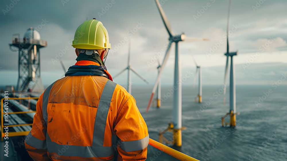professional shot of a worker in safety gear observing offshore wind turbines from a platform professional shot of a worker in safety gear observing offshore wind turbines from a platform