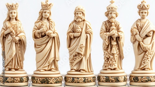 Elegant Carved Wooden Chess Pieces on White Background