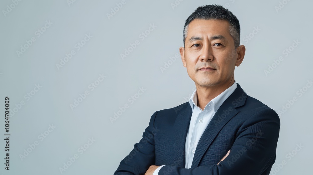 Obraz premium Confident Asian man in his 50s wearing a business suit with arms crossed, expressing determination and professionalism in a neutral background.