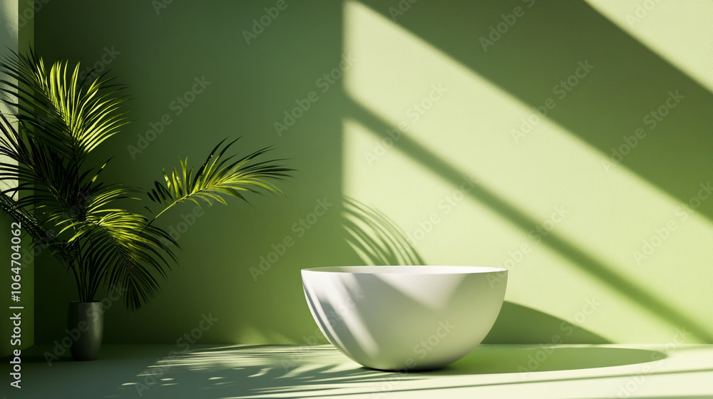 Modern minimalist room with a white bowl and tropical plant in natural sunlight Modern minimalist room with a white bowl and tropical plant in natural sunlight
