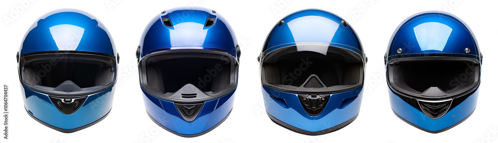 Fototapeta premium Collection of four blue motorcycle helmets on a white background.
