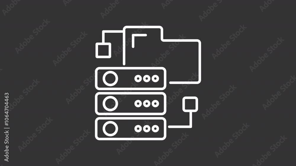 Data set white line animation. Processing servers animated icon. Moving signals, scaling dots. Database, hosting. Isolated illustration on dark background. Transition alpha video. Motion graphic Data set white line animation. Processing servers animated icon. Moving signals, scaling dots. Database, hosting. Isolated illustration on dark background. Transition alpha video. Motion graphic