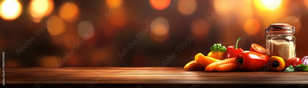 Rustic culinary scene, fresh tomatoes, peppers, and salt on wooden table Rustic culinary scene, fresh tomatoes, peppers, and salt on wooden table