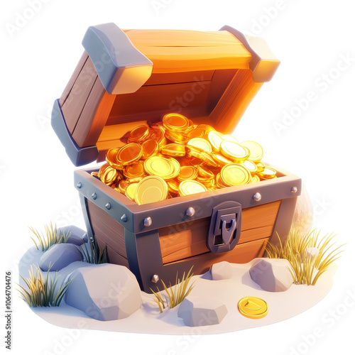Colorful cartoon treasure chest overflowing with gold coins and jewels, whimsical design, inviting and playful atmosphere, enchanting treasure hunt theme