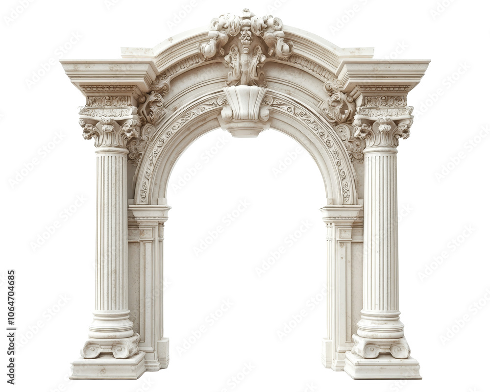 Naklejka premium Isolated arch doorway on a white background, showcasing intricate design and elegant structure, ideal for architectural studies and presentations