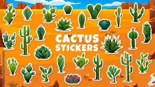 Mexican desert cactus succulent stickers or prickly saguaro plants, vector icons. Peyote and opuntia cactus, Texas desert canyon succulents with pricks and flowers for cartoon Mexican stickers