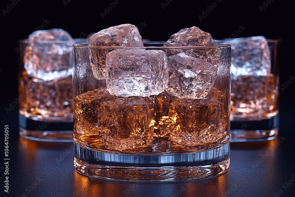 Whiskey with ice: Use a whiskey glass with large clear ice cubes floating, emphasizing the luxury of the drink. Whiskey with ice: Use a whiskey glass with large clear ice cubes floating, emphasizing the luxury of the drink.
