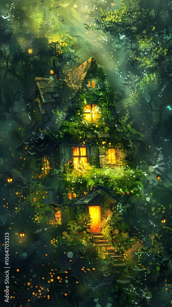 Obraz premium A whimsical, illuminated house surrounded by lush greenery in a magical forest setting.