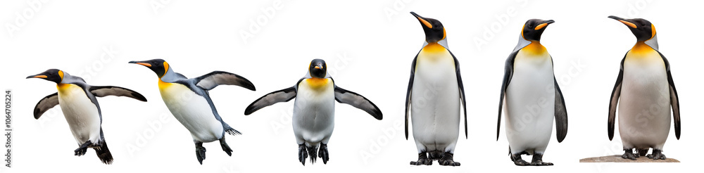 Fototapeta premium Six penguins in various poses, showcasing their unique behaviors against a white isolate background.