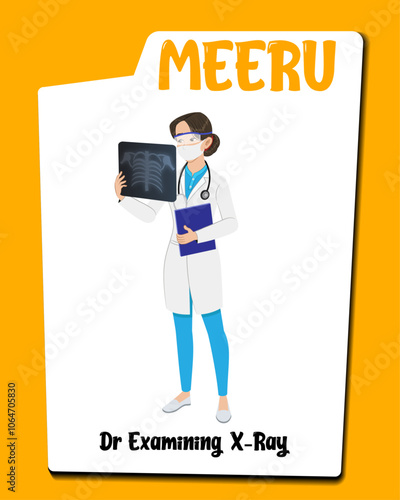 A radiologist cartoon character examining x ray AKA Meeru. Female radiologist cartoon vector.