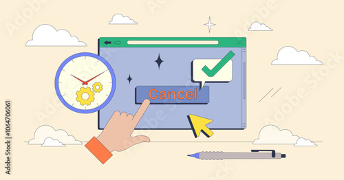 Click-to-cancel concept with a hand, cancel button, and clock symbolizing urgency and decision-making. Neubrutalism style.