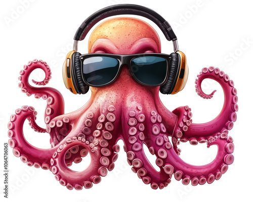 Cool octopus character, vibrant colors, playful design, wearing sunglasses, whimsical underwater scene, fun and engaging illustration