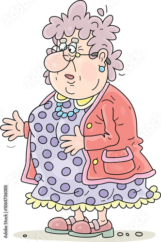 Funny puzzled plump aged housewife wearing glasses and old-fashioned home clothes, vector cartoon illustration on a white background