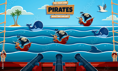 Hunting pirates and shark, carnival shoot game shooting range in amusement park, funfair or video arcade. Shooting game gallery of carnival booth vector background with cartoon pirate ships and whales
