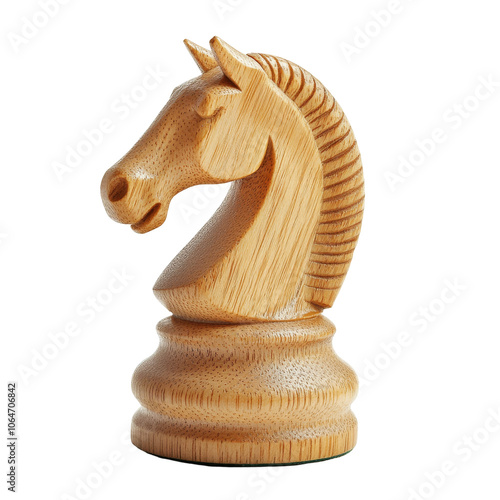 Classic wooden chess knight piece, intricately carved, elegantly isolated on a white background, showcasing fine craftsmanship and timeless design.
