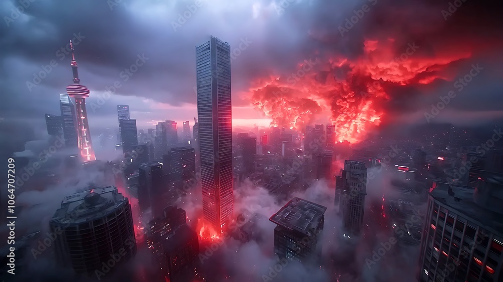 Fototapeta premium Dramatic urban landscape erupts in fiery chaos as nature unleashes its fury on city skyline