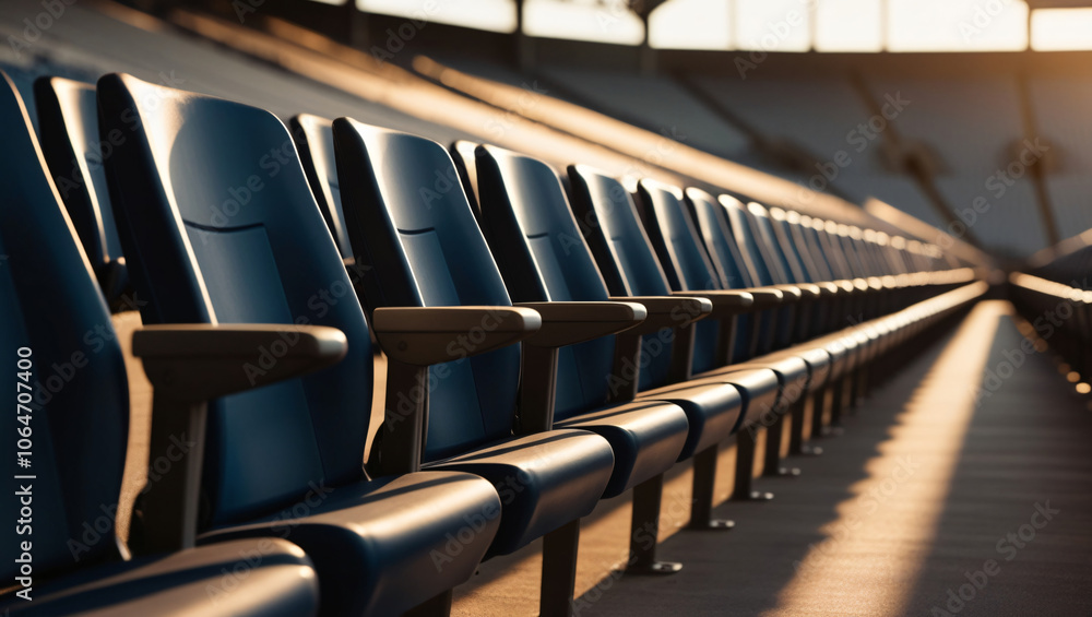Empty black plastic chairs are lined up in stadium, capturing serene atmosphere of sports venue during sunset. warm light enhances scenes tranquility Empty black plastic chairs are lined up in stadium, capturing serene atmosphere of sports venue during sunset. warm light enhances scenes tranquility