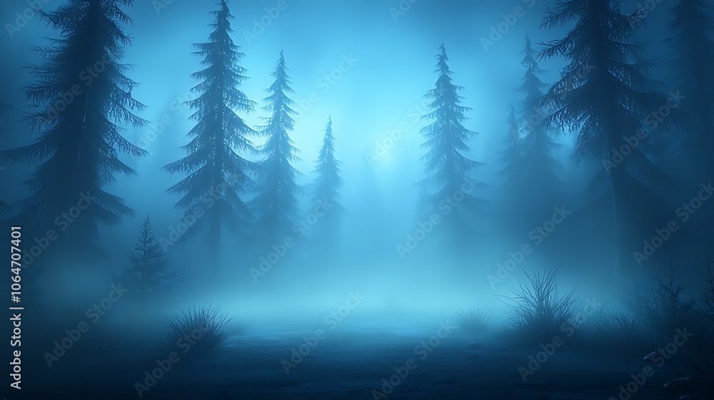 Mysterious fog envelops a serene forest landscape at dawn with tall pine trees Mysterious fog envelops a serene forest landscape at dawn with tall pine trees
