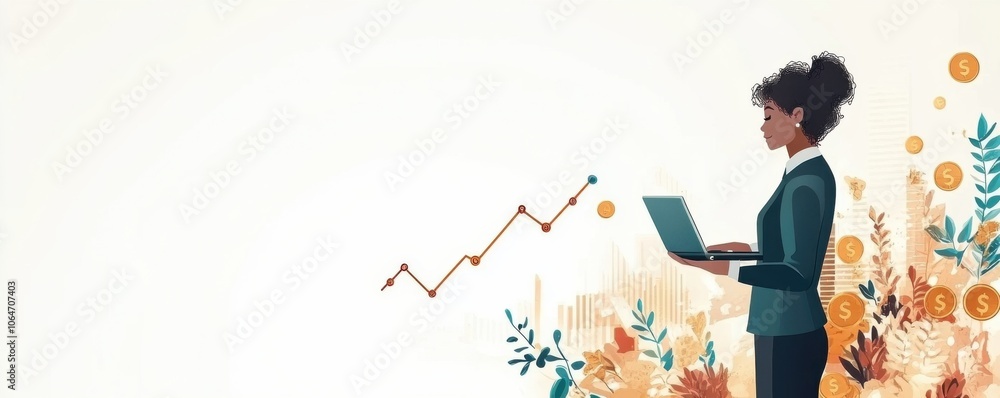 Businesswoman analyzing growth chart with laptop on white background Businesswoman analyzing growth chart with laptop on white background