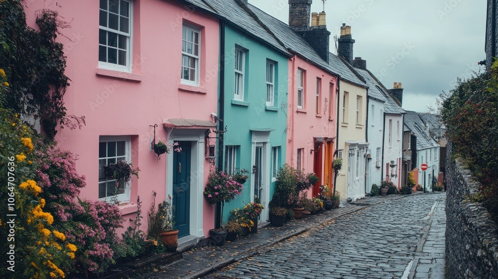 Colorful Houses on a Cobblestone Street Colorful Houses on a Cobblestone Street