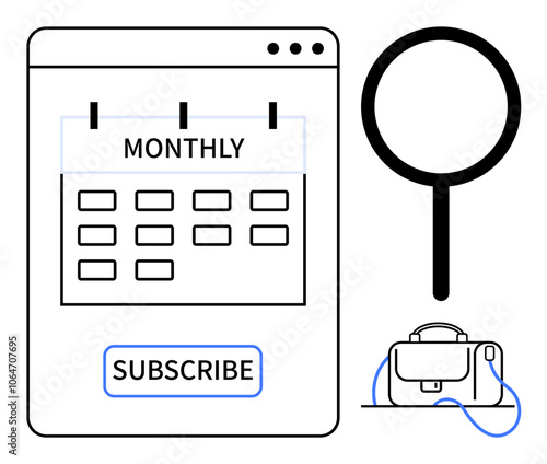 Monthly subscription calendar form with Subscribe button, magnifying glass, and briefcase. Ideal for business, scheduling, subscriptions, planning, organization, research, and web design. Line