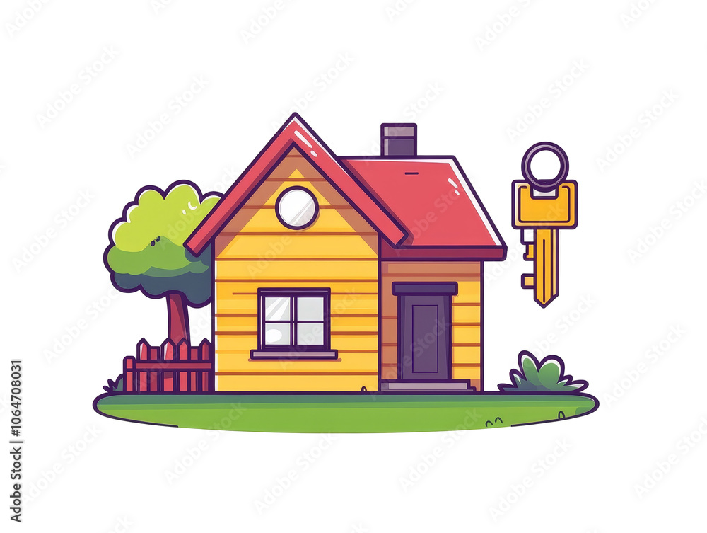 House Key Illustration, vibrant flat design showcasing a key with a decorative keychain, ideal for home security and access themes House Key Illustration, vibrant flat design showcasing a key with a decorative keychain, ideal for home security and access themes