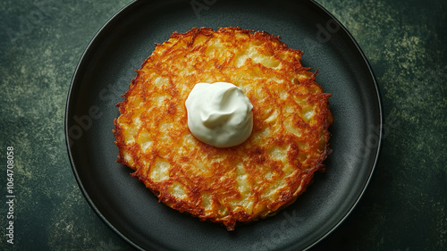 A crispy potato pancake with sour cream on top. photo