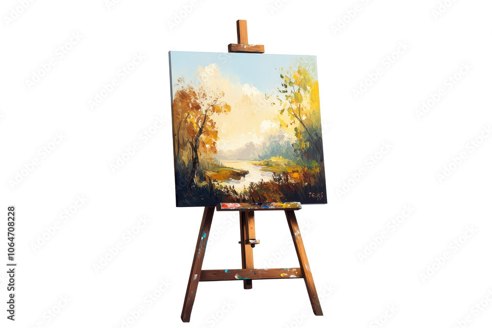 Painter's easel with a vibrant landscape, showcasing creativity and artistic expression in a flat illustration style. Painter's easel with a vibrant landscape, showcasing creativity and artistic expression in a flat illustration style.