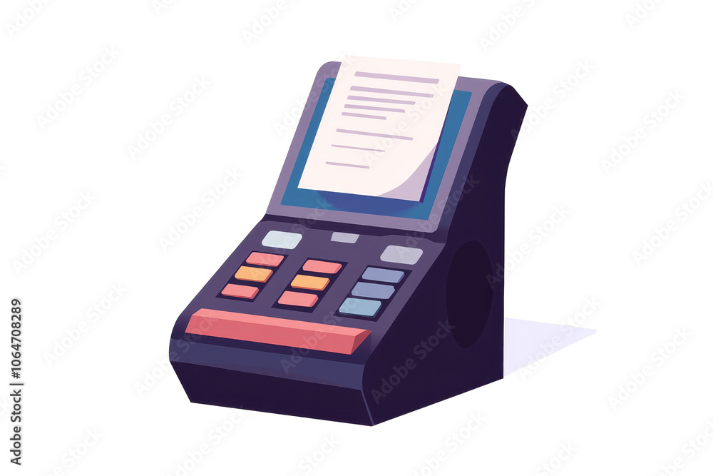 Colorful flat design of a payment terminal displaying a receipt, showcasing modern transaction technology and user-friendly interface. Colorful flat design of a payment terminal displaying a receipt, showcasing modern transaction technology and user-friendly interface.