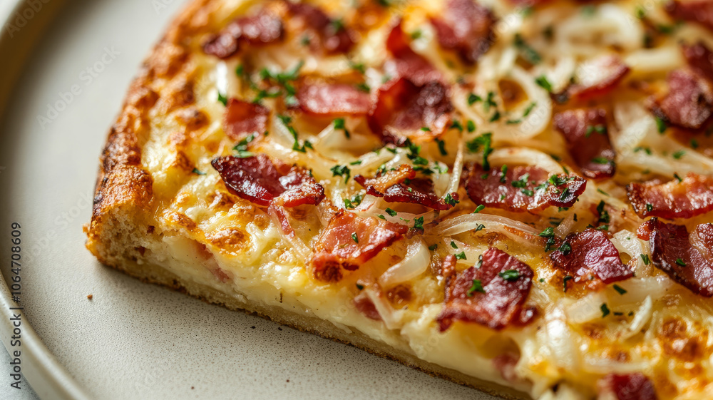 Close-up of a pizza slice with toppings and herbs. Close-up of a pizza slice with toppings and herbs.