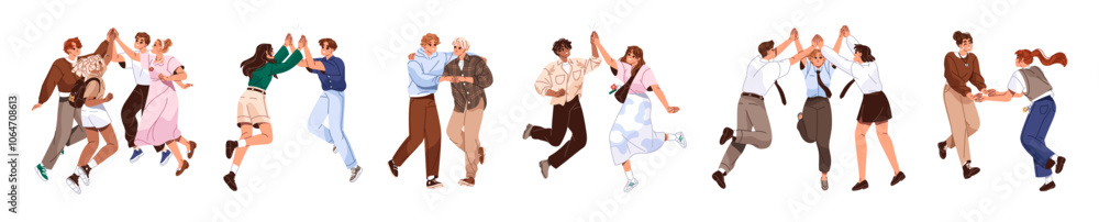 Set of happy people give high five, rejoice together. Friends celebrate win, victory, slap hands, fist bumps. Employee team has fun of success. Flat isolated vector illustrations on white background Set of happy people give high five, rejoice together. Friends celebrate win, victory, slap hands, fist bumps. Employee team has fun of success. Flat isolated vector illustrations on white background