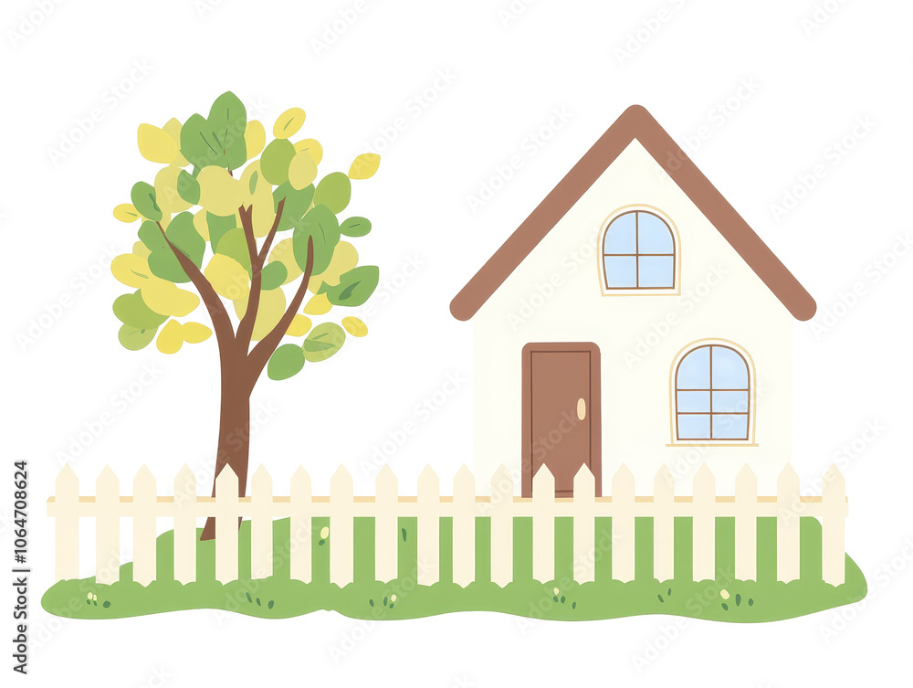 Simple house illustration, vibrant tree nearby, inviting scene, warm colors, charming design, perfect for home decor or children's themes Simple house illustration, vibrant tree nearby, inviting scene, warm colors, charming design, perfect for home decor or children's themes