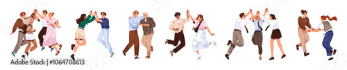 Set of happy people give high five, rejoice together. Friends celebrate win, victory, slap hands, fist bumps. Employee team has fun of success. Flat isolated vector illustrations on white background