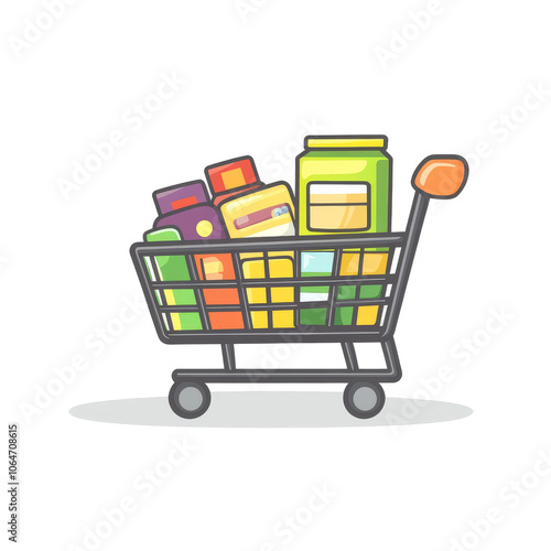 Shopping Cart Illustration, vibrant flat design showcasing a shopping cart brimming with various colorful products, engaging and modern aesthetic