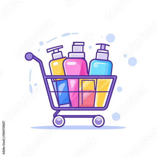 Colorful flat illustration of a shopping cart overflowing with fresh produce, showcasing a vibrant and inviting market experience.