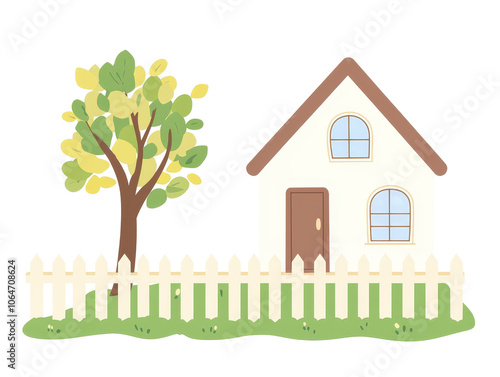 Simple house illustration, vibrant tree nearby, inviting scene, warm colors, charming design, perfect for home decor or children's themes