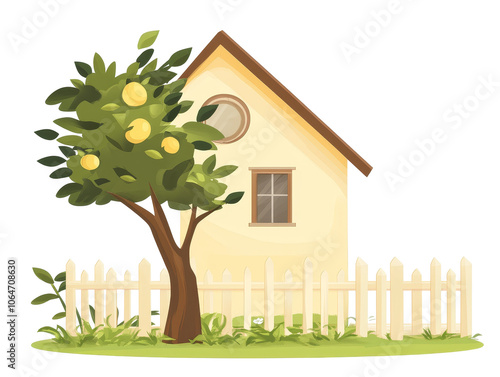 Simple house surrounded by a tree, flat illustration showcasing a cozy home in a serene environment, vibrant colors and clean lines